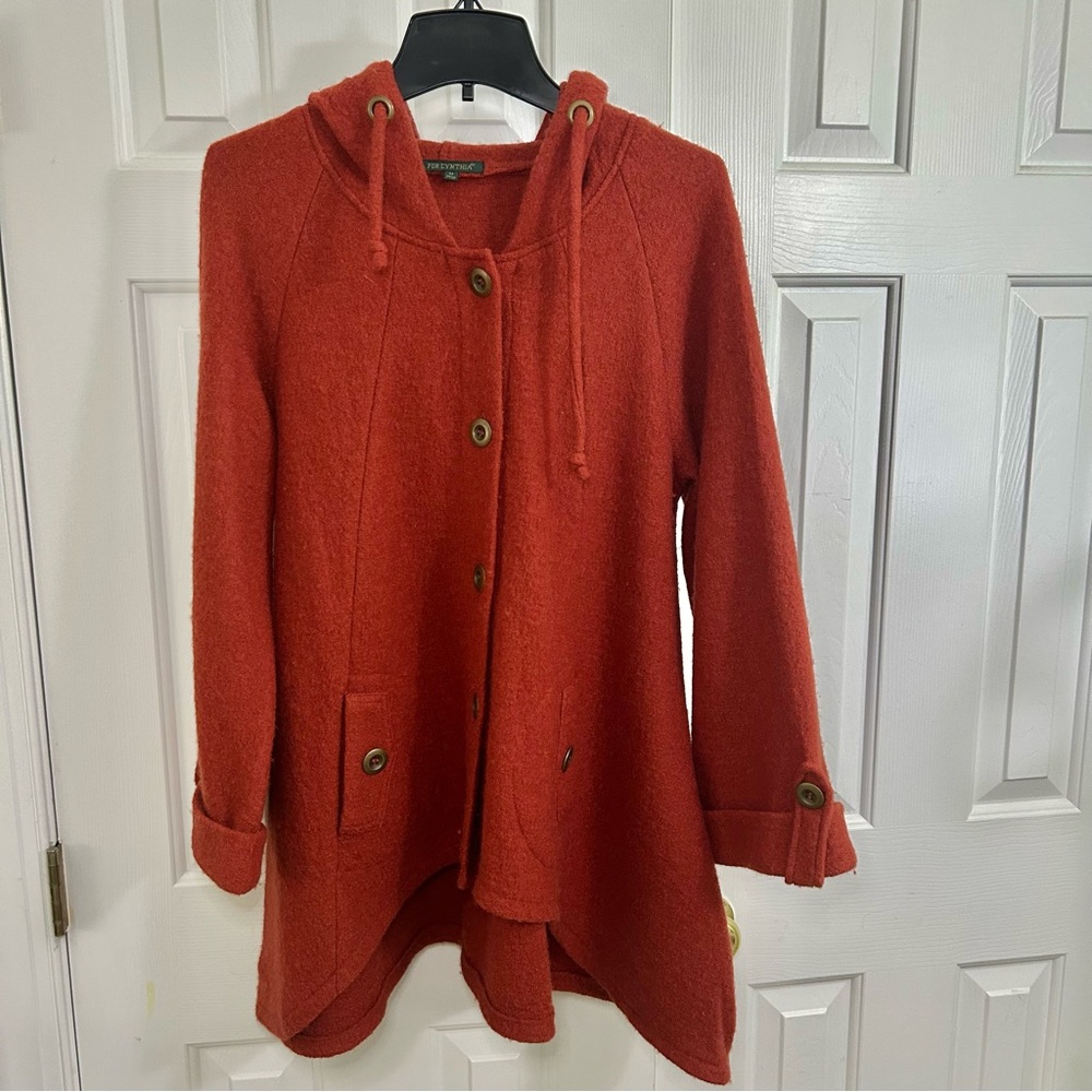 For Cynthia 100% Wool Burnt Orange Hooded Swing Cape Coat Medium